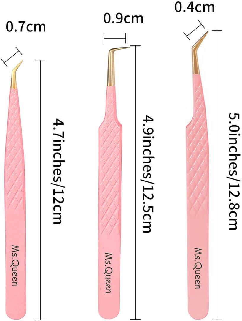 Ms.Queen Tweezers for Lash Extensions,Diamond Grip 3Pcs Fiber Tip 45 90 Degree Volume Eyelash Tweezers Set