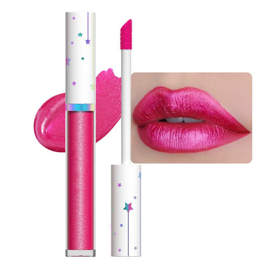 evpct 1Pcs Hot Pink Metallic Glitter Lip Gloss Stain lip color Lipstick for Women Long Lasting Waterproof 24, Rose Pink Frosted Metallic Shimmer Chrome iridescent Liquid Lipstick Lip Gloss Makeup, 01#