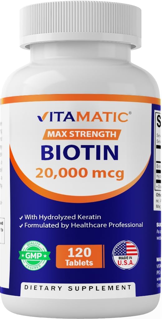 Vitamatic High Potency Biotin 20000 mcg (20mg) with Keratin 100mg - 120 Vegetarian Tablets - Biotin Supplements for Healthy Hair Skin & Nails for Adults (120 Count (Pack of 1))