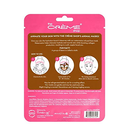 The Crème Shop Animated Miss Bear Face Mask, Hydrating Korean Sheet Mask with Watermelon (Set of 3)