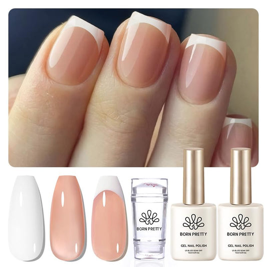 Born Pretty French Manicure Kit, Nail Stamper and 2Pcs Gel Nail Polish, Include Jelly Natural Pink