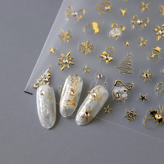 5D Embossed Christmas Nail Art Stickers Gold Snowflake Nail Stickers Self-Adhesive Snowman Xmas