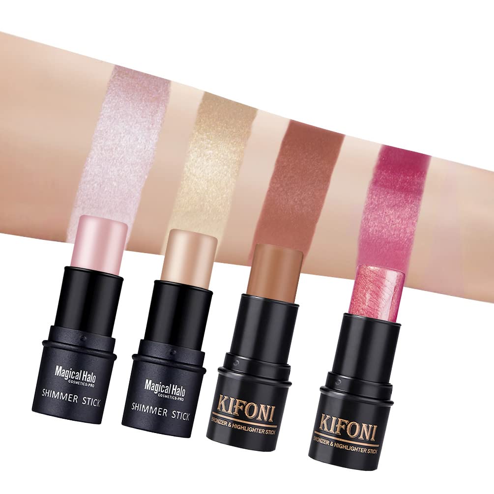 4PCS Contour Stick - Highlighter And Cream Blush Stick 4 Colors Kit - Moisturizer, Face Brightens & Shades Pencil, Facial Shaping Makeup Sticks for Older Women & Mature Skin