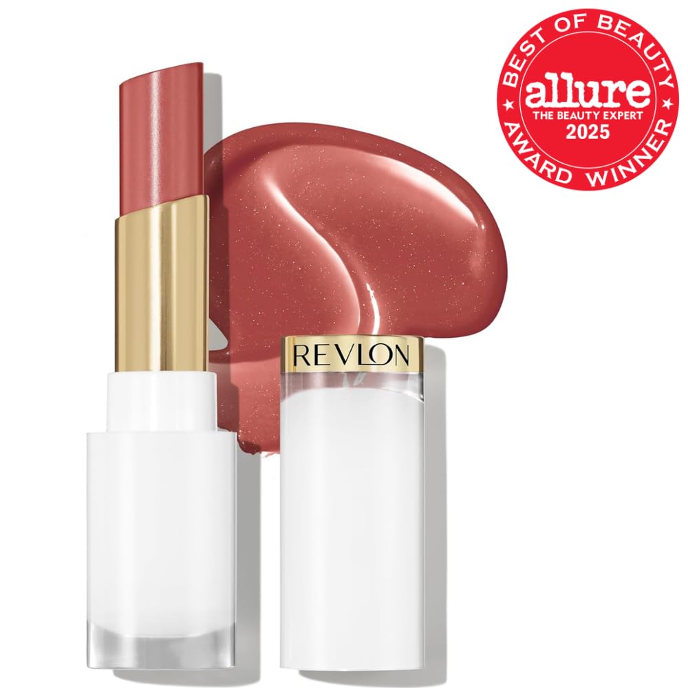 REVLON Super Lustrous Glass Shine Balm, Hydrating Tinted Lipstick, Sheer, Glossy Shiny Finish, 004 Nude Illuminator, 0.11 oz