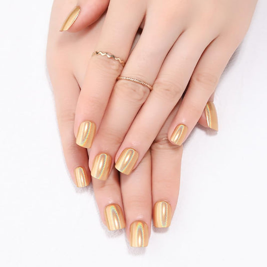 Gold Holographic Press On Nails, Short Chrome Glue On Nails for Women, Metallic Golden Fake Nails with Iridescent Glow, Press On Nails Short Square Shape, Color-Shifting Aurora Effect, 24 Pcs