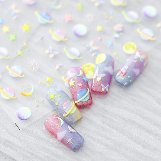 5D Embossed Galaxy Nail Art Stickers Self-Adhesive Nail Stickers for Nail Art Colorful Space Planet