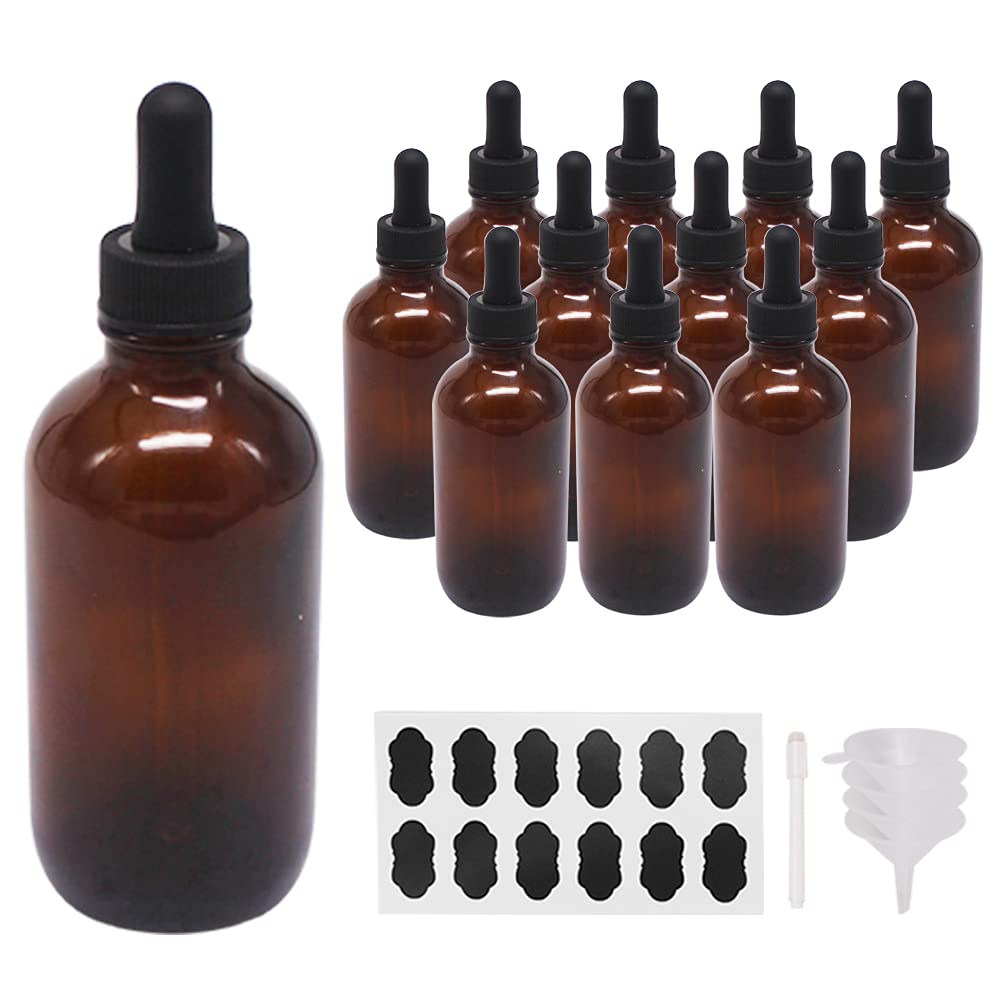 BPFY 12 Pack 4oz Glass Dropper Bottles for Essential Oil 120ml Amber Round Boston Bottle With Black