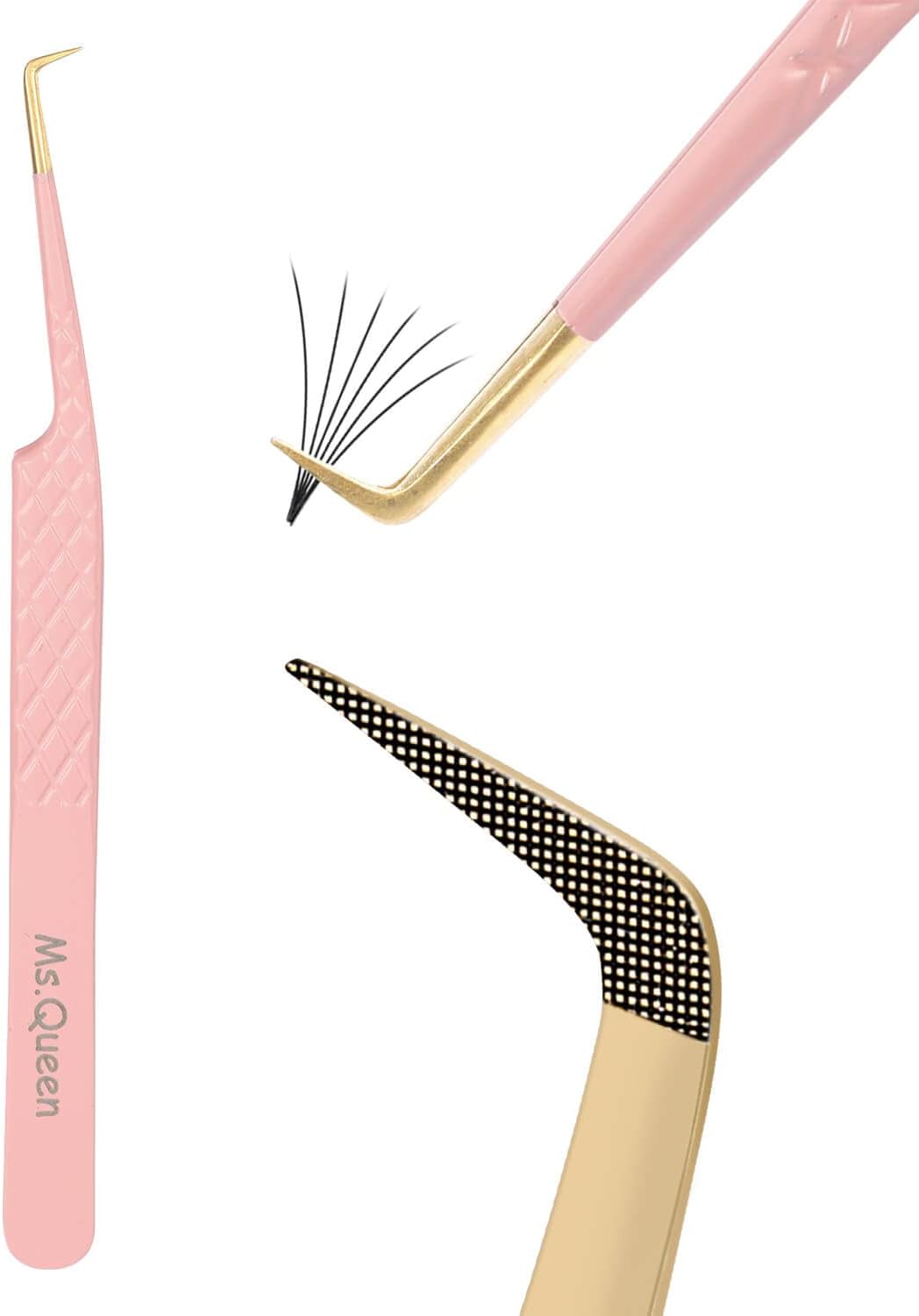 Ms.Queen Lash Extension Tweezers,Diamond Grip 90 Degree False Lashes Tweezers 3D 6D Mink Eyelash Make Fans