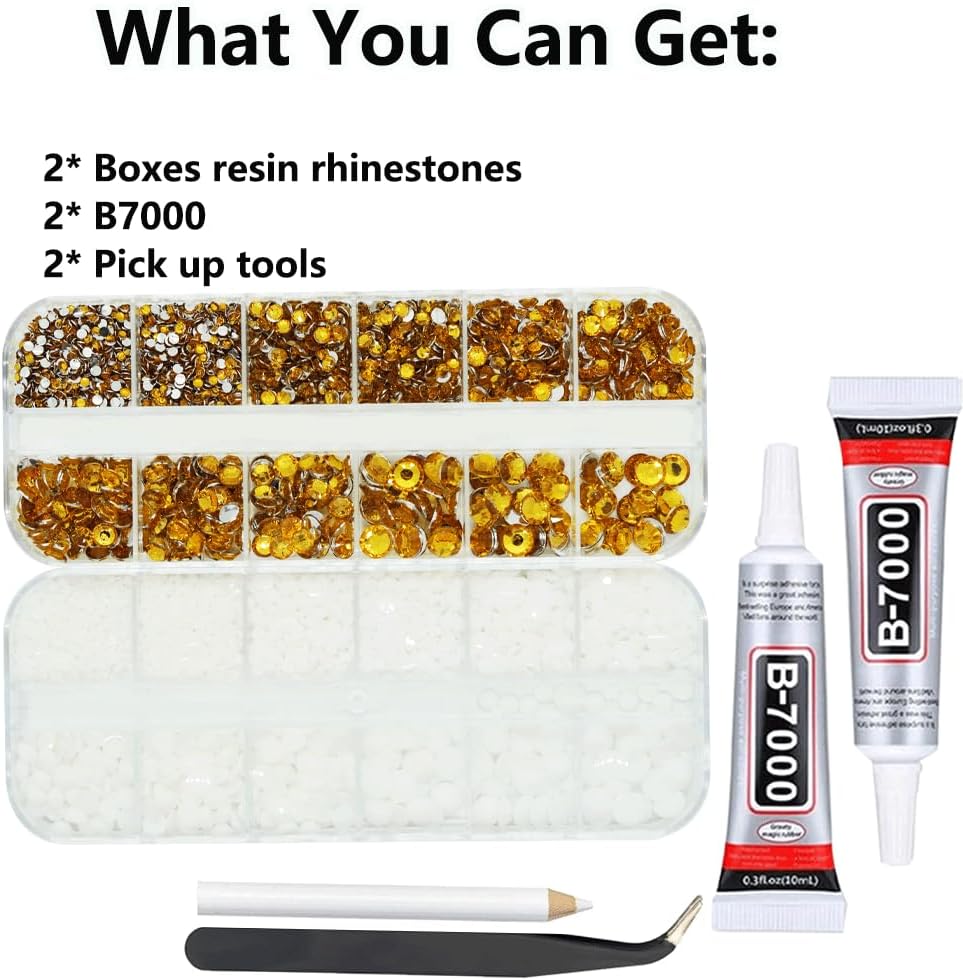 White And Gold Rhinestones with Glue(S8-S30) for Bedazzling,2mm-6mm Non-Hotfix Flatback Nail Gems Beads with B7000, Resin Nail GemsStones Diamond Kit for Bedazzle Crafting, Nails DIY Art Decoration