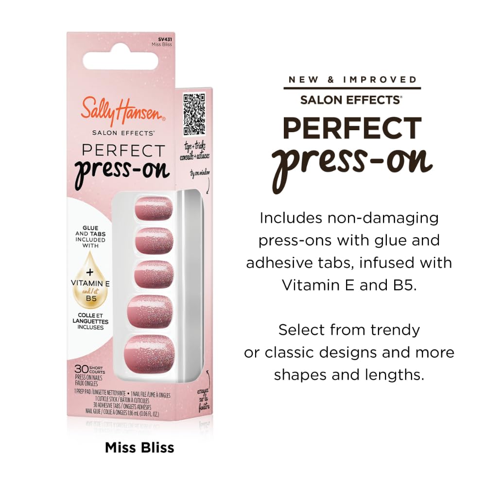 Sally Hansen Instant Cuticle Remover & Salon Effects Miss Bliss Press On Nails Kit - Ultra Fast 15 Second Gel Formula with Aloe & 30 Designs with Nail Glue