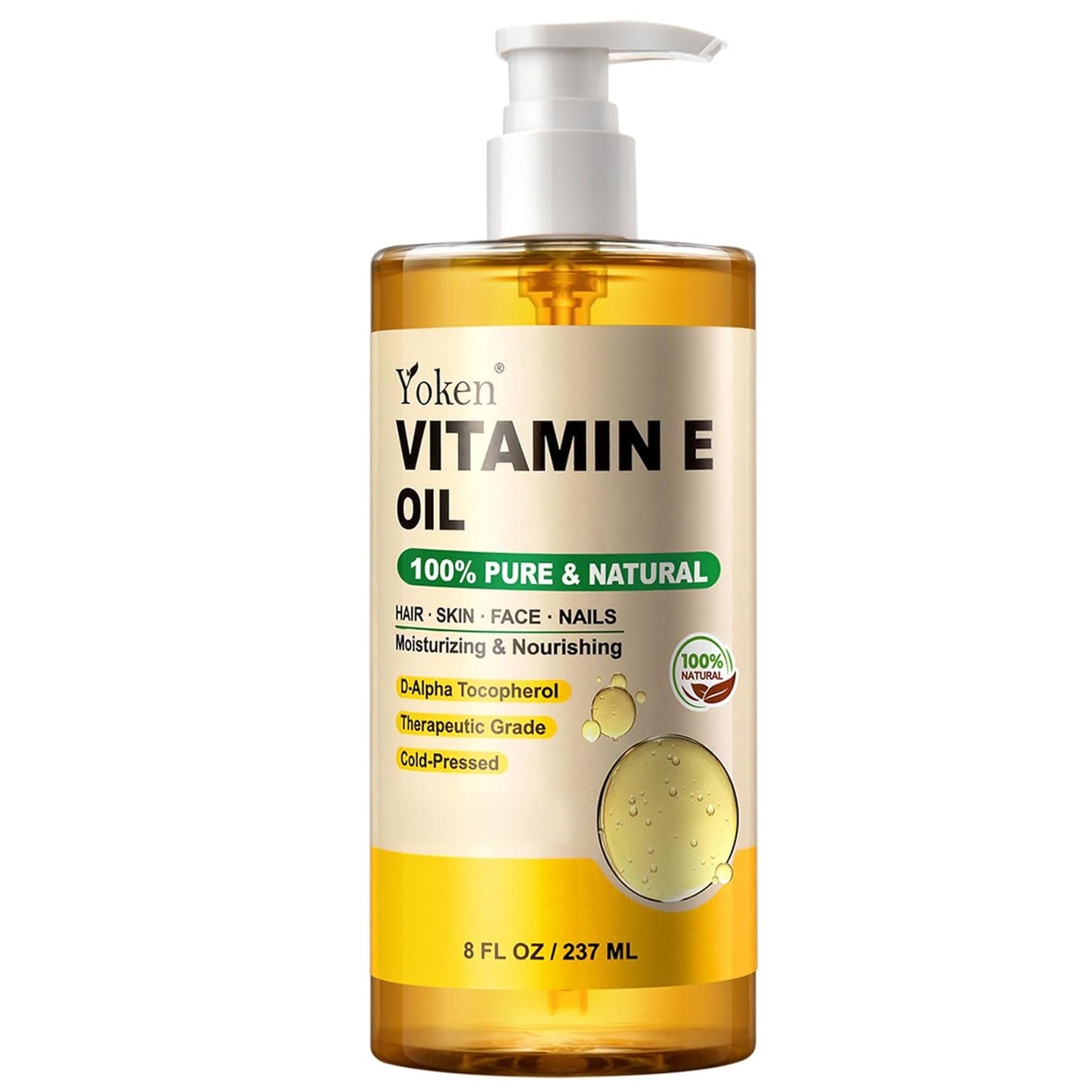 Yoken Vitamin E Oil 8 Fl Oz Organic Vitamin E oil for Skin Vitamine oils for Scars Hair,Face,Nail,Scalp Perfect Bath and Body Oil Cold Pressed Hexane Free Non-GMO Gluten Free Formula