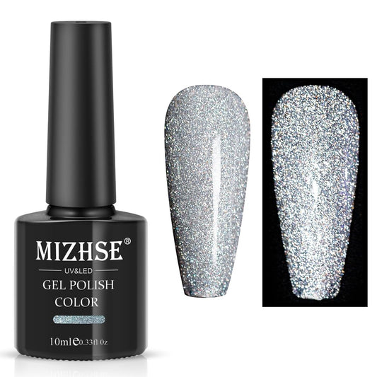 MIZHSE Reflective Glitter Gel Nail Polish, Silver Nail Gel Sparkly Shiny Gel Polish, Soak Off Nail Art Salon Varnish for Beginners Manicure DIY at Home