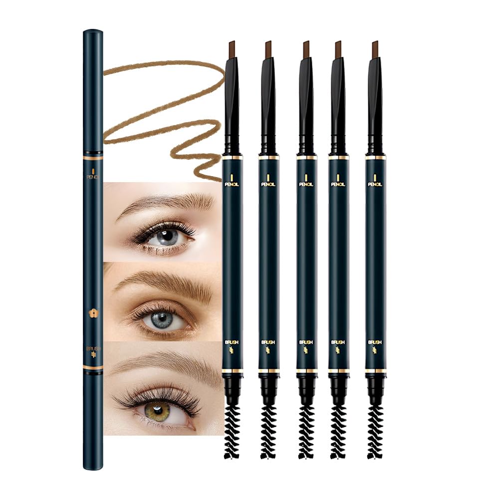 5 Pcs Waterproof Professional Makeup Micro Brow Pencil, Light Coffee Brow Kit with Eyebrow Brush, Ultra-Fine Mechanical Pencil, Eyebrow Pencils for Women(C02#Light Coffee, 5Pcs)