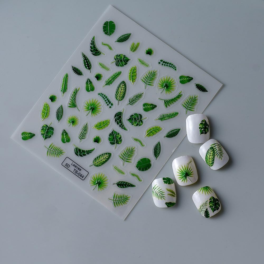 Fall Nails Stickers Monstera Leaves Nails Sticker 5D Embossed Banana Leaf Self Adhesive Sticker Nail Decals Green Leaves Thanksgiving Nail Art Decal Halloween Decals for Nail DIY Manicure 1Sheet