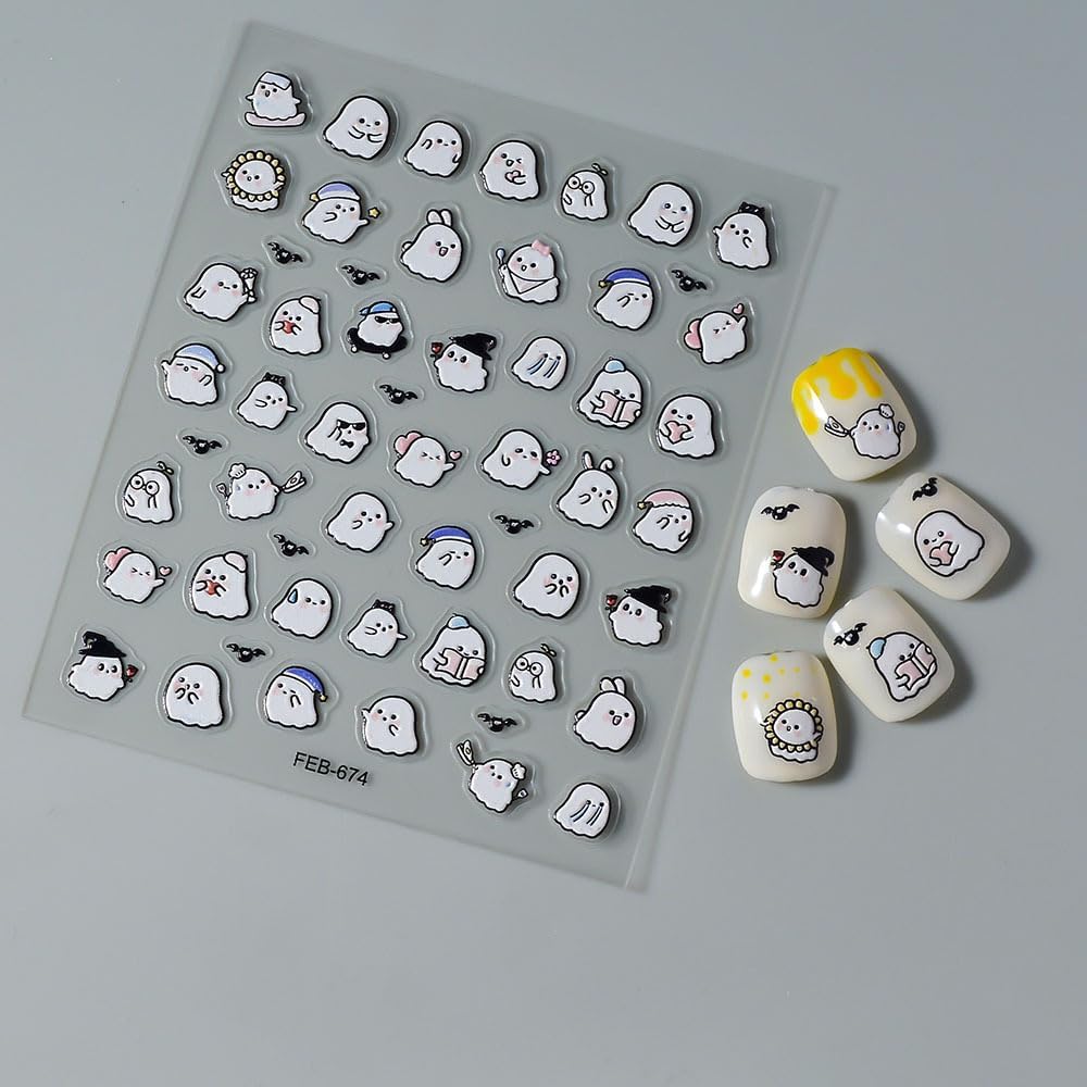 Halloween Nails Stickers White Ghost Nails Sticker 3D Embossed Cute Ghosts Self Adhesive Sticker Nail Decals Ghost with Hat Nail Art Decal Halloween Decals for Nail DIY Manicure 1Sheet
