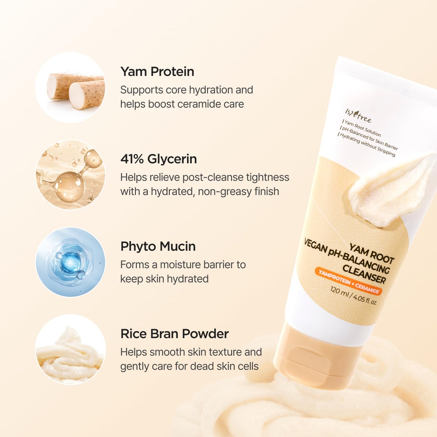 IsNtree Yam Root Vegan pH-Balancing Cleanser 120ml 4.05 fl.oz – Hydrating Low pH Cleansing Foam |