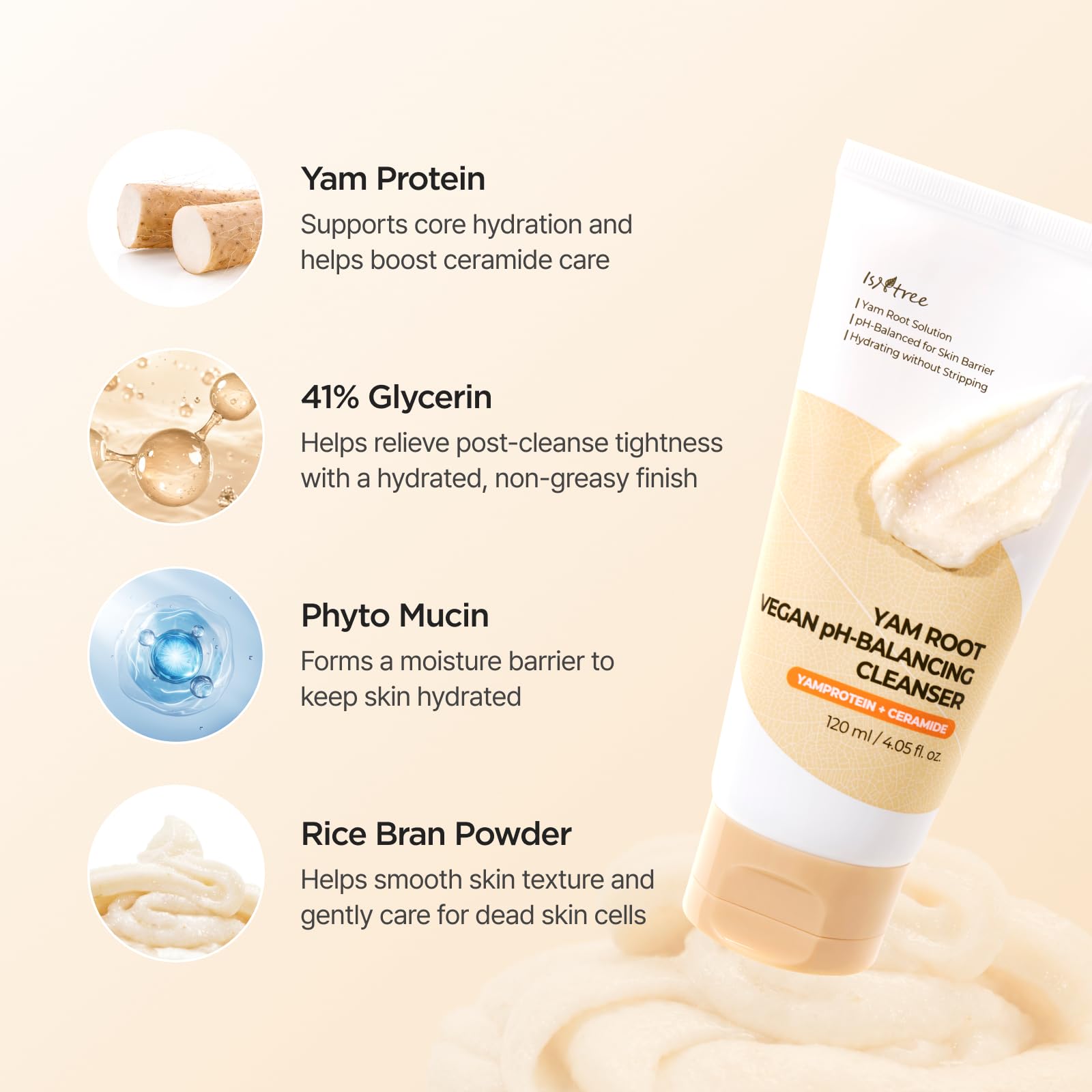 IsNtree Yam Root Vegan pH-Balancing Cleanser 120ml 4.05 fl.oz – Hydrating Low pH Cleansing Foam |
