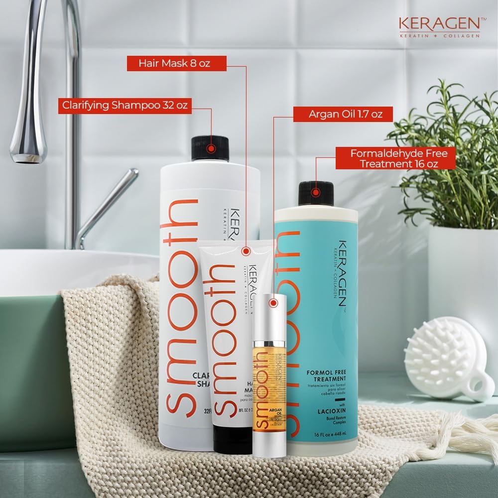 Keragen Brazilian Keratin Smoothing Treatment | Formaldehyde-Free Blowout Kit for Frizzy, Dry, or Damaged Hair | Organic Keratin and Collagen | Salon-Quality Results at Home | 16 Oz
