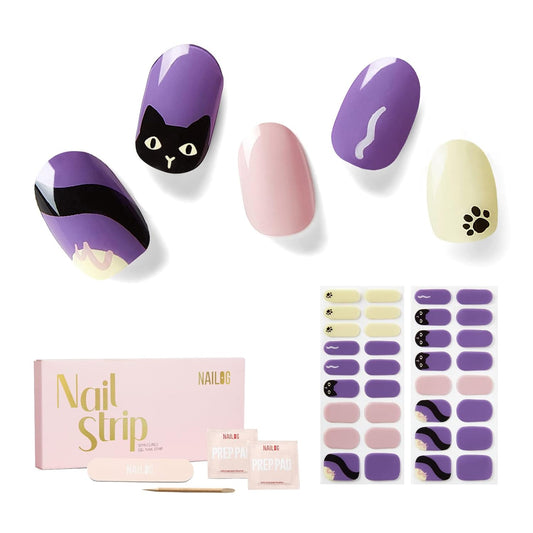 Nailog Semi Cured Gel Nail Strips 34 pcs | Long Lasting Nail Polish Sticker Wraps with Glossy Gel
