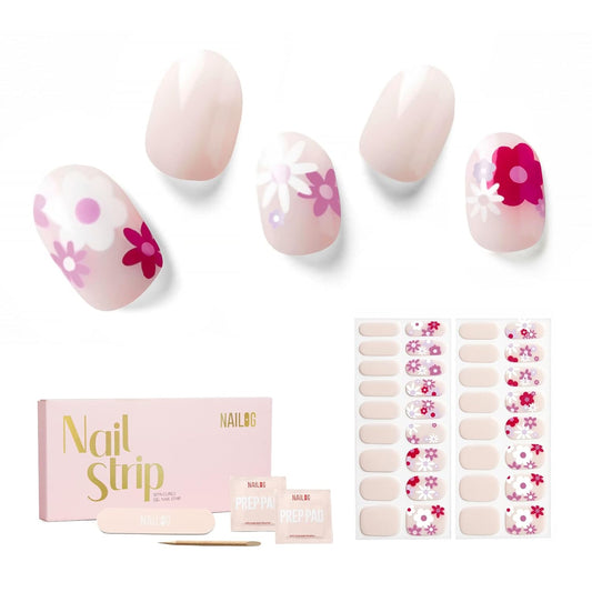 Nailog Semi Cured Gel Nail Strips 34 pcs | Long Lasting Nail Polish Sticker Wraps with Glossy Gel