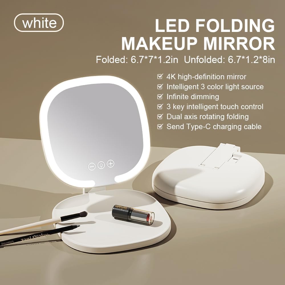 Rechargeable LED Travel Makeup Mirror, 3-Color Lighting, Dimmable Touch Screen, Multi Angle Adjustable, Foldable and Portable Desktop Vanity Mirror with Storage Tray(White)