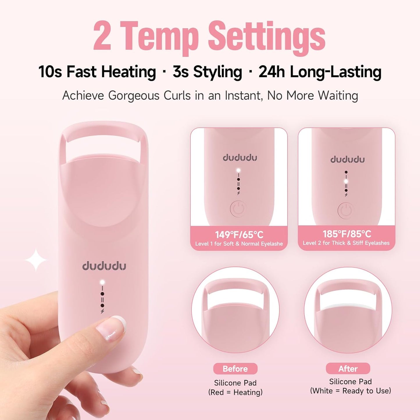 DUDUDU Heated Eyelash Curler, Portable Travel-Size Mini Electric Heated Lash Curler - 2-Level Adjustable Temp & Type-C Recharge, 10S Heat 3S Style 24H Lift for Long-Lasting Natural Effortless Curves