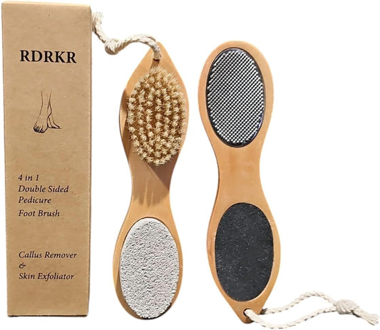 Pumice Stone Foot File 4 in 1 Double Sided Foot Cleaner Kit Pedicure Steel Files Sandpaper Pumice Stone Boar Bristle Bamboo Foot Scrub
