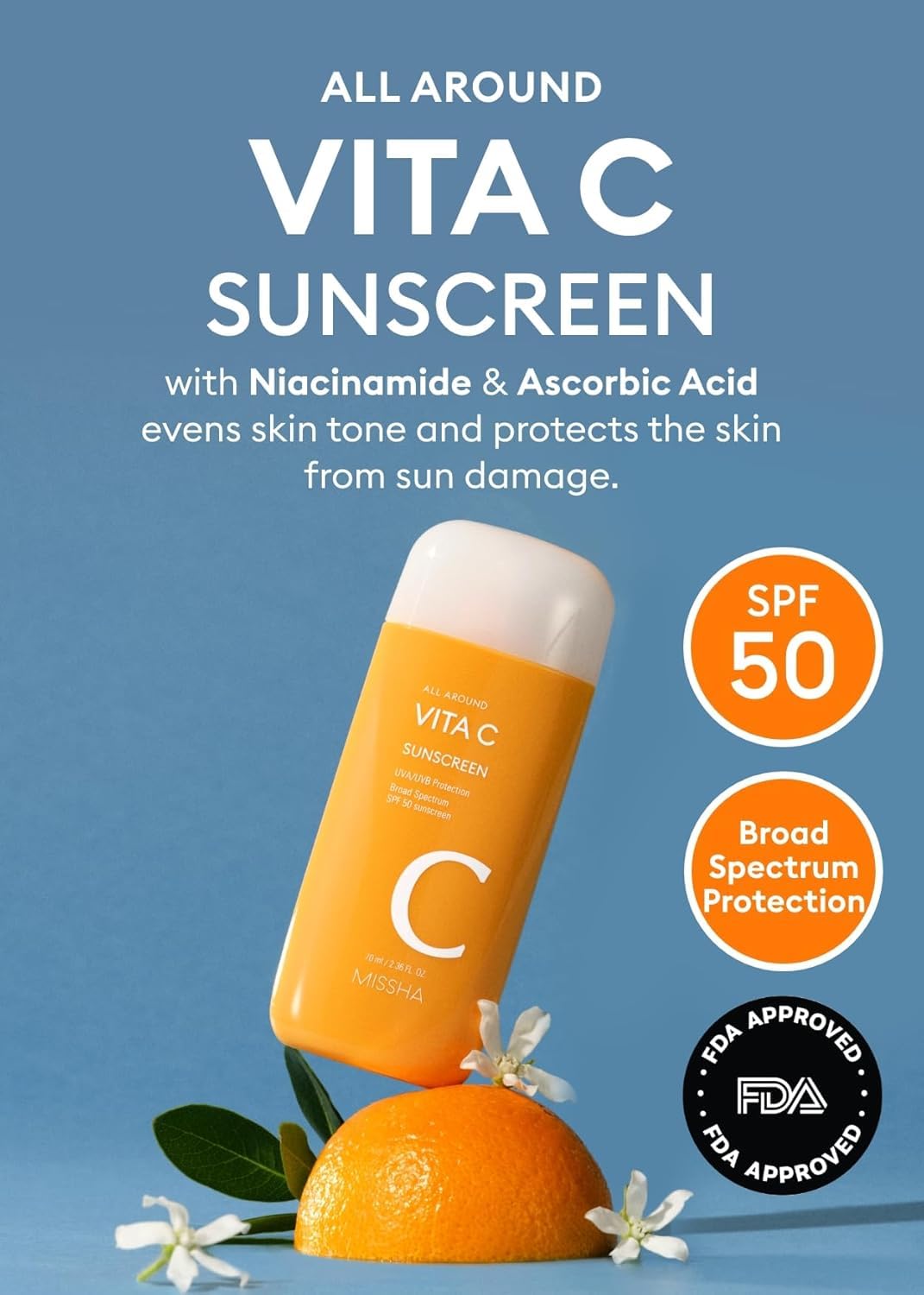 MISSHA All Around Vita C Sunscreen SPF 50, Vitamin C Face Care 2.36 oz