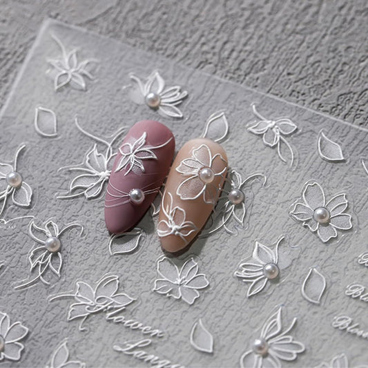 Flower Nail Art Stickers Sparkly White Floral Nail Stickers 5D Embossed Light Style Nail Decals