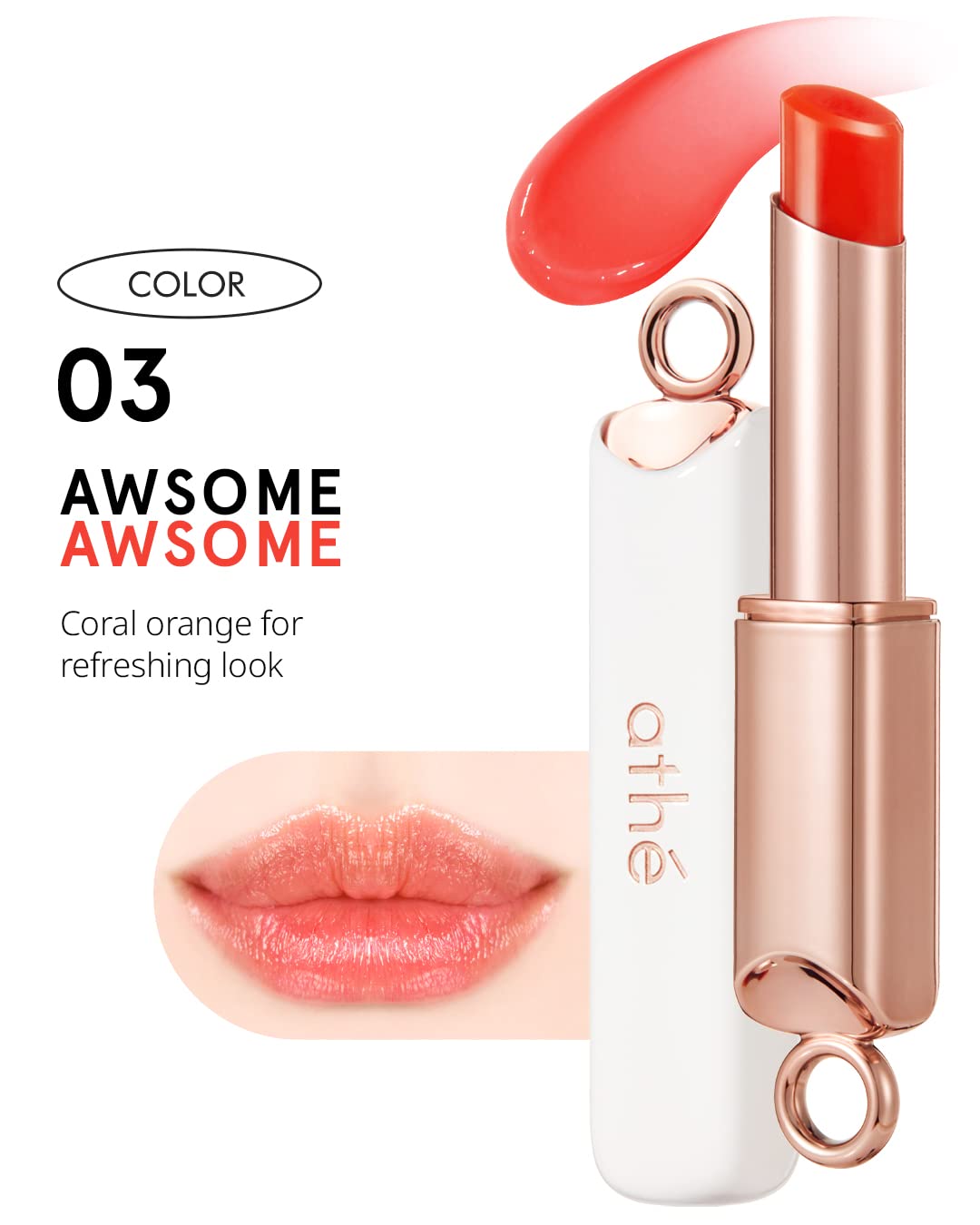 ATHÉ Authentic Lip Balm 03 AWESOME (Tinted), Lightweight Wear & Plumping Lips without Stickiness, Moisturizing & Nourishing Plant-Based Vegan Chapstick for Dry, Petrolatum Free, Cruelty-Free