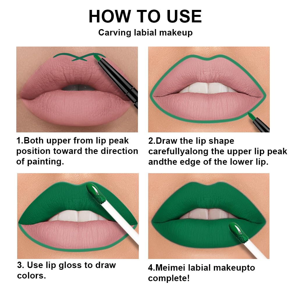evpct 3Pcs Green Matte Shimmer Lip Liner & Liquid Lipsticks Stain Makeup Set for Women, Green Lip Liner Stain Long Lasting Waterproof Smudge Proof, Cruelty Free Lip Sticks Makeup 24 hours originales