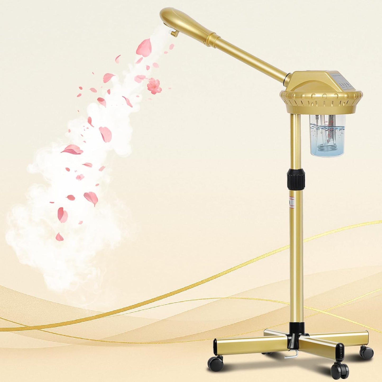 Facial Steamer Professional with More Steam for Deep Cleansing and Hydration, Estheticians Steamer on Wheels with Time Setting, Face Steamer Adjustable Height for Beauty, Spa and Home Use（Golden）