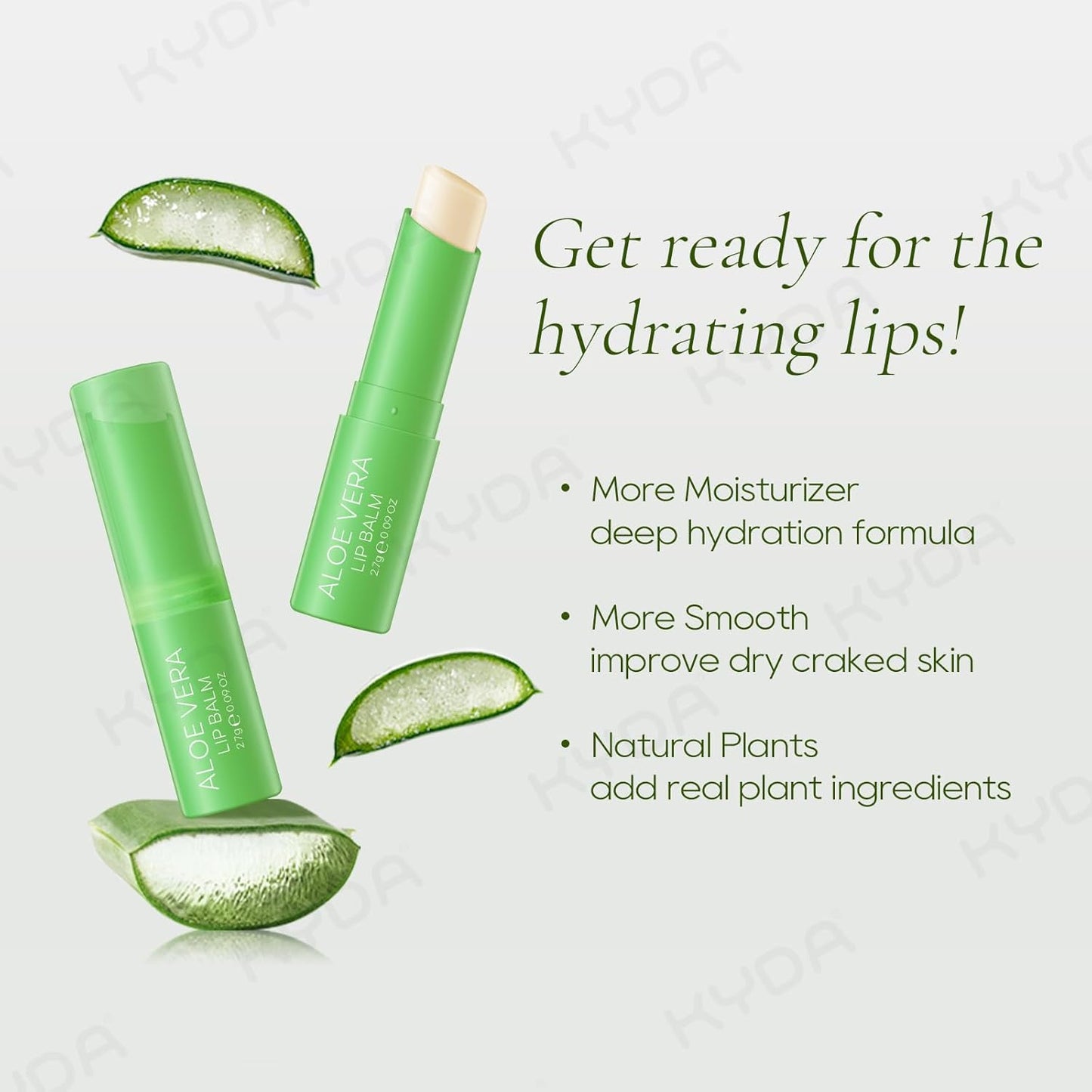 KYDA 3 Pcs Aloe Vera Lip Balm, Deep Hydrating Tinted Lip Balm, Reduce Fine Lines, Daily Lip Moisturizer for Dry Cracked Lips, with Real Aloe Vera, Colorless Finish