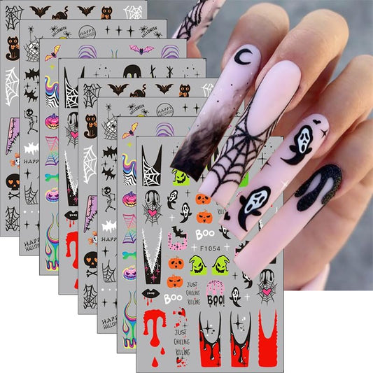 8 Sheets Halloween Nail Stickers Decals Horror Halloween Self Adhesive Nail Design Stickers Ghost