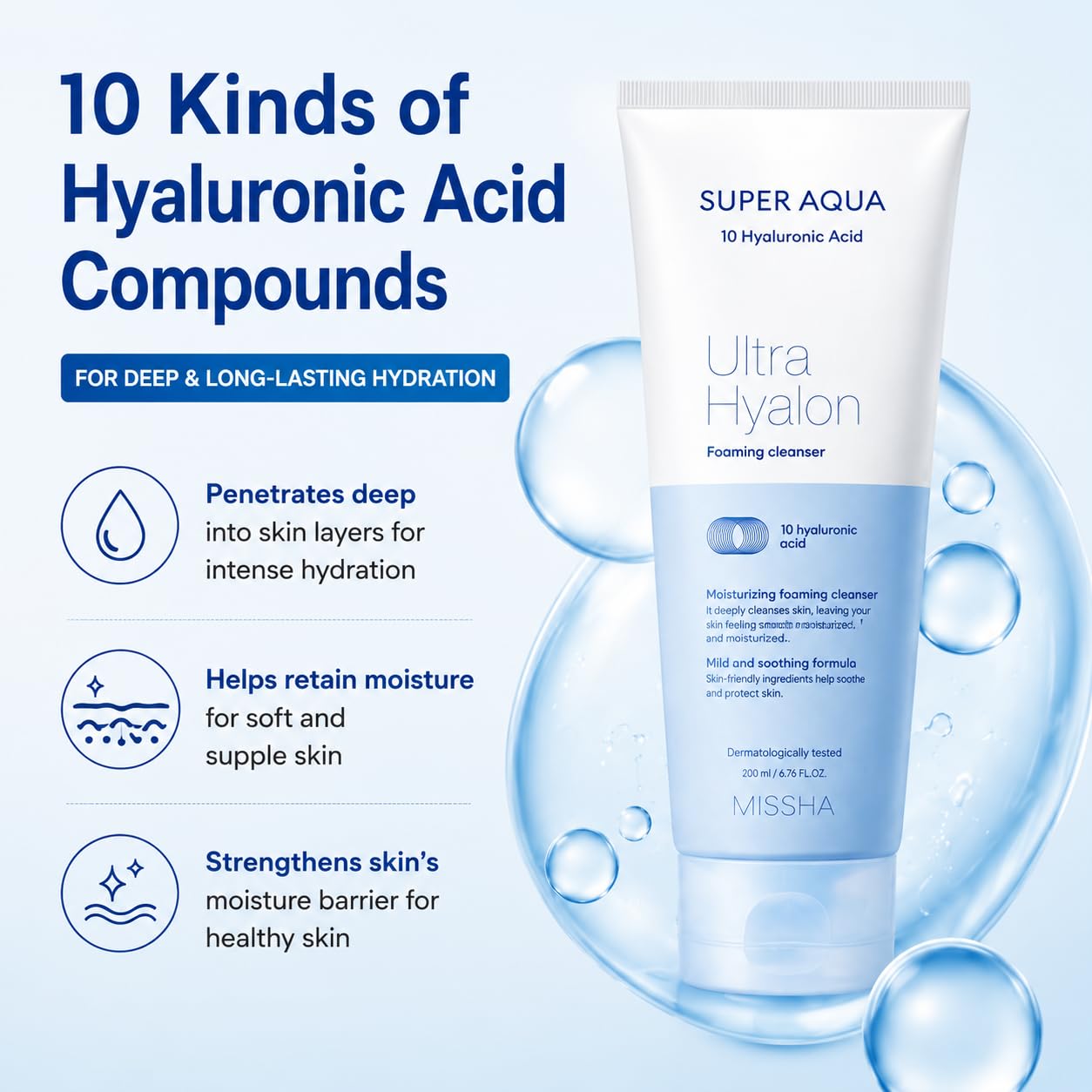MISSHA Super Aqua Ultra Hyalron Cleansing Foam Face Wash 6.76 oz