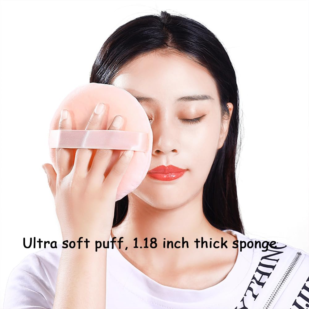 2 Pack Extra Large 5.2" Beige Powder Puffs and 5.3" Glass Container – Oversized Soft Body & Face Large Powder Puff Dusting Powder Jar Holder Case(Clear Glass)