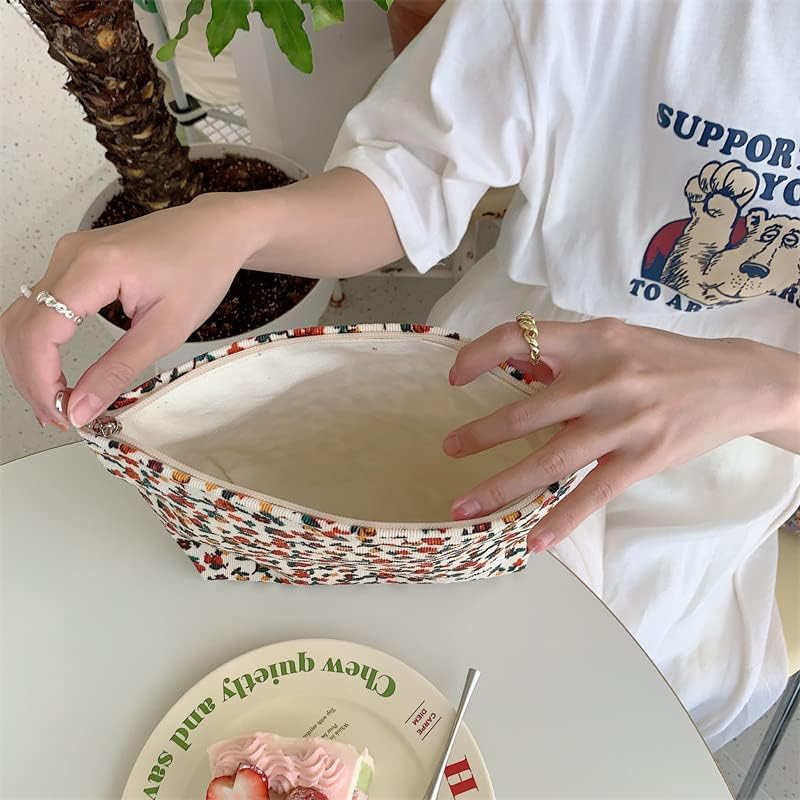 PAZIMIIK Makeup Bag Large Zipper Corduroy Make Up Pouch for Purse Travel Canvas Cosmetic Organizer for Women Brush Storage,Floral White