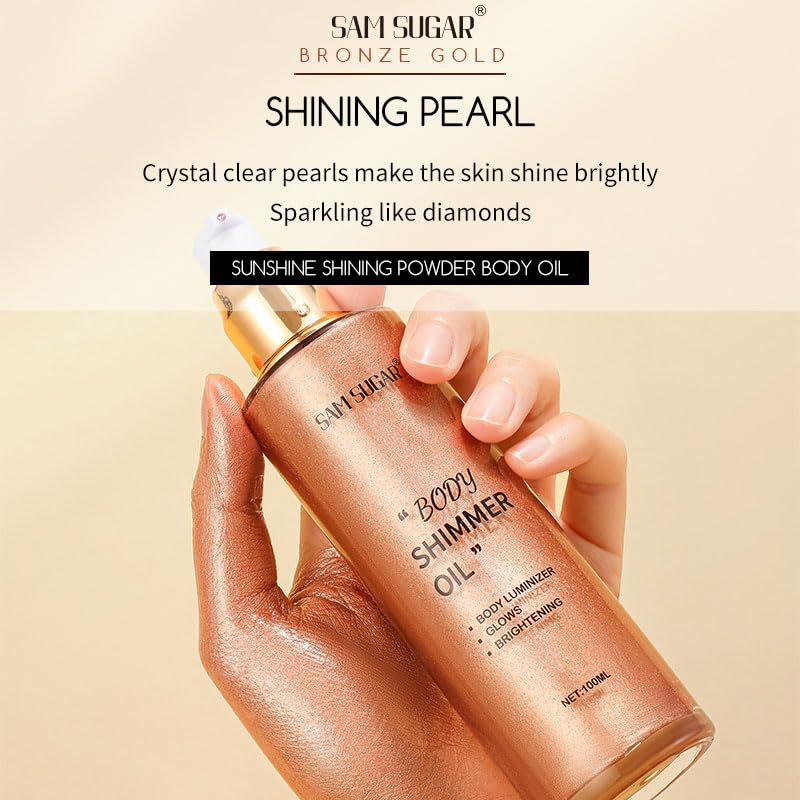 Shimmer Body Oil, Long Lasting Moisturizing Body Glow Glitter for Women Face Luminizer Highlighter Makeup 100ml Shimmer Oil for Glowing Skin Lotion (Medium Rose Gold)