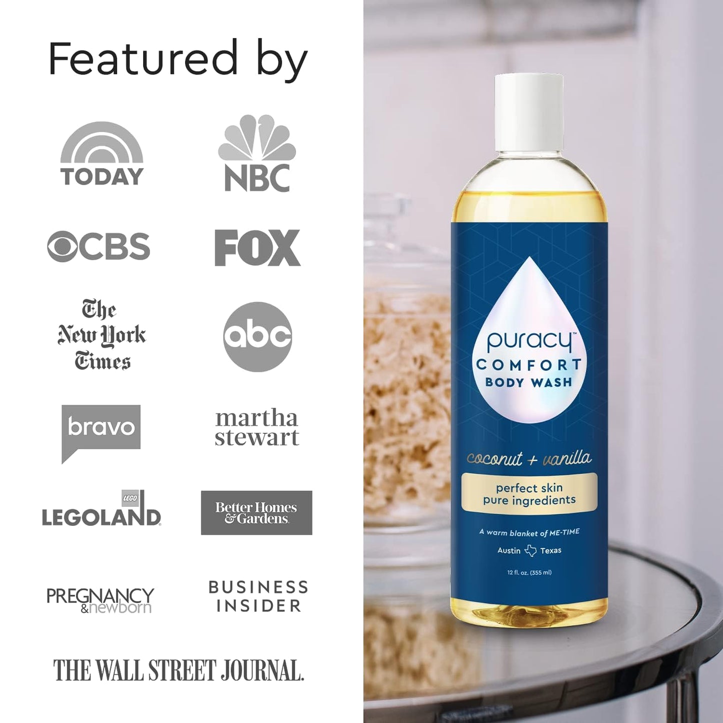 Puracy Body Wash, Natural Body Wash, 98.6% Pure Plant Ingredients, Moisturizing Shower Gel for Women Men Kids, Body Soap for Dry Sensitive Skin. Gently Scented with Coconut & Vanilla 12 Oz