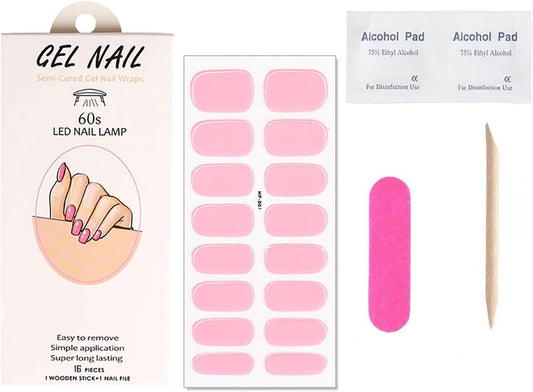Pink Semi Cured Gel Nail Strips Stickers 16Pcs Real Gel Polish Strips Decals Solid Color Self