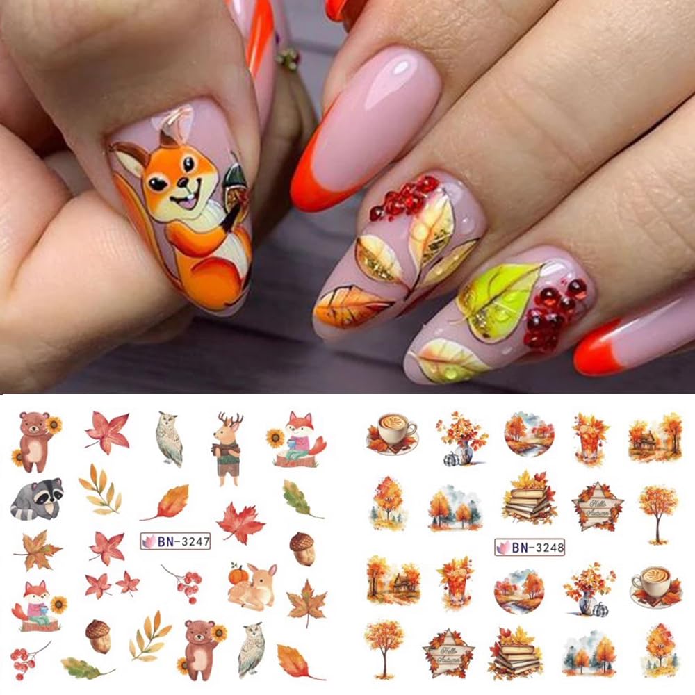 Maple Leaf Nail Art Stickers Decals Fall Thanksgiving Water Transfer Nail Foils Slider Stickers for Autumn Nail Art Accessories Cute Pumpkin Squirrel Leaf Flower Acrylic Nail Decals for Women Manicure