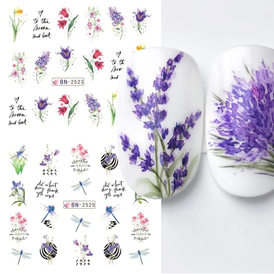 Flower Nail Art Stickers Decals Water Transfer Foils for Nails Art Supplies Spring Summer Tulips Butterfly Floral Design Acrylic Nail Stickers DIY Manicure Nail Decoration for Women 12 Sheets