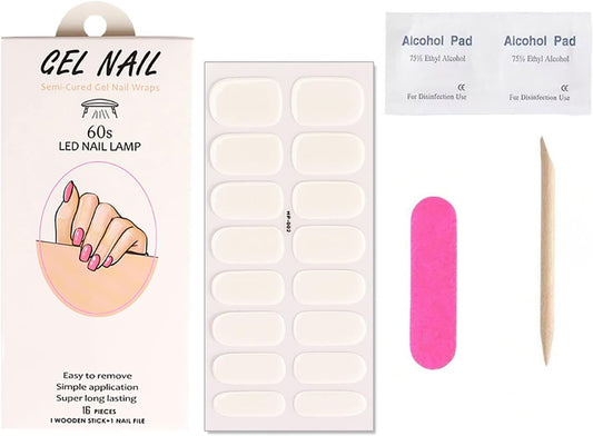 Semi Cured Gel Nail Stickers Decals 16Pcs Solid Color Nail Strips Self-Adhesive Desing Supply White