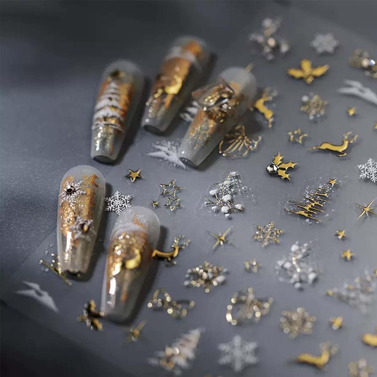 Gold Christmas Nail Art Stickers 5D Embossed Xmas Nail Art Decals Xmas Tree Nail Sticker Self-Adhesive Snowflake Elk Rhinestone Nail Decals for Women Winter Nail Supplies Manicure DIY