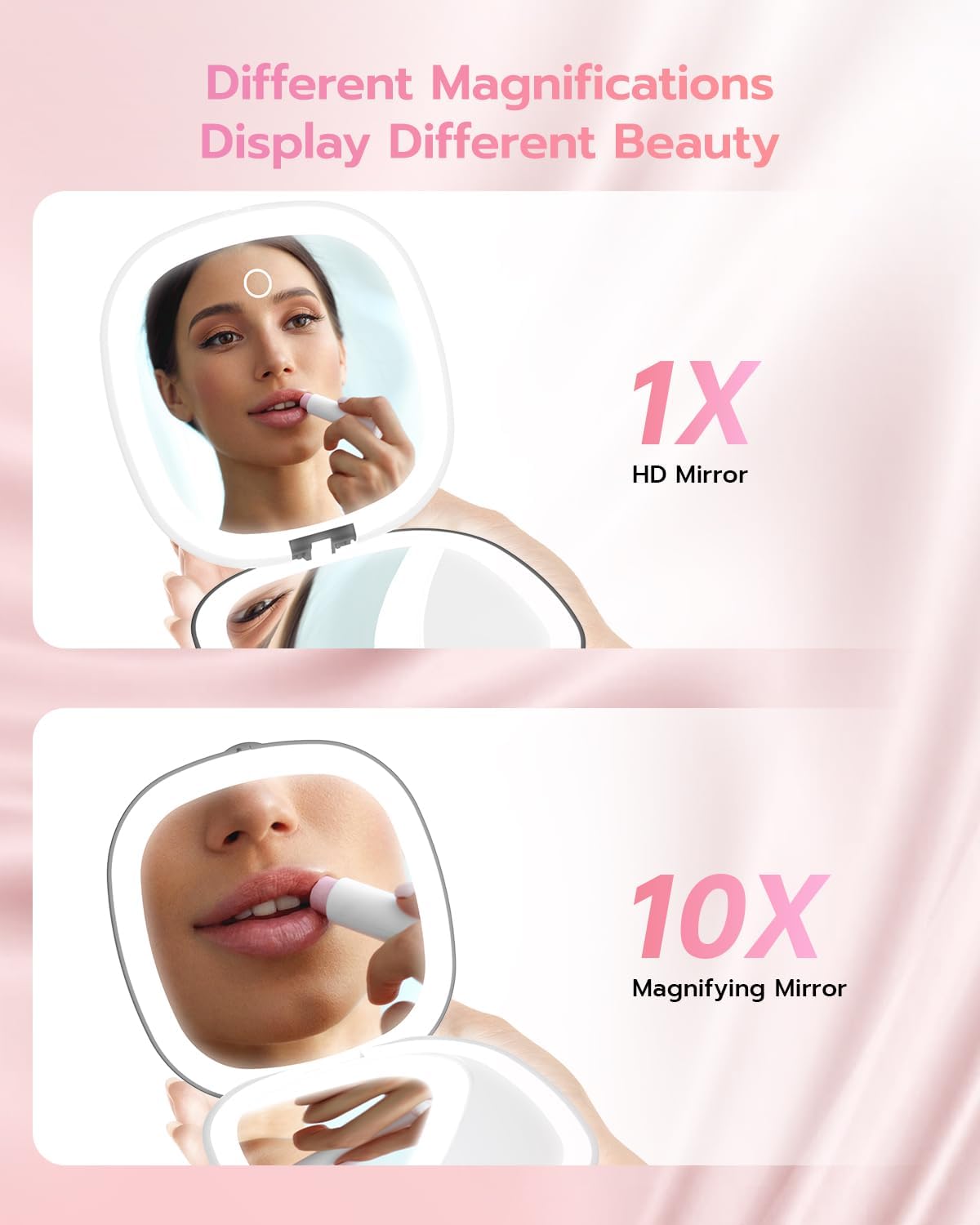 Benbilry 3.9" Rechargeable Compact Makeup Mirror with 3 Light Colors and Magnification 1X / 10X, Double Light Strip Dimmable Small LED Travel Mirror for Purse, Black