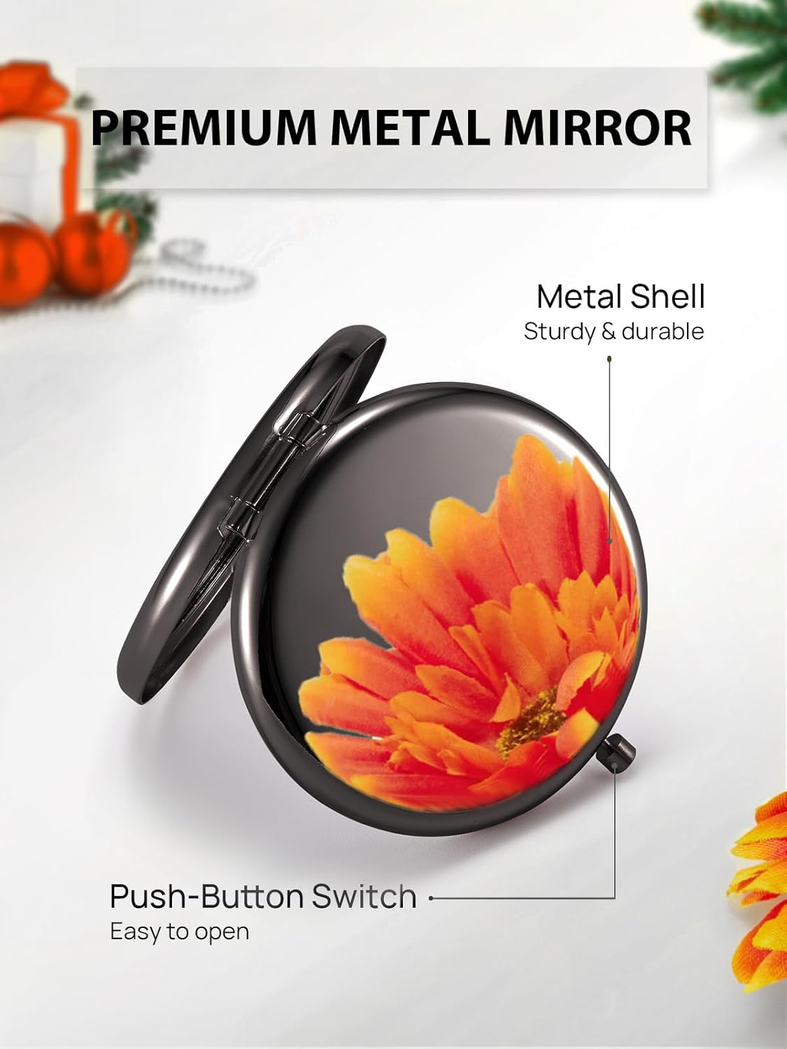 Compact Mirror for Purse, Double-Sided 1X/2X Magnifying Metal Pocket Makeup Mirrors(Round, Onyx Black)