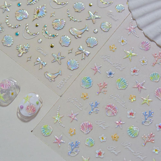 Pearl Ocean Nail Stickers 3D Self-Adhesive Shell Nail Art Stickers Starfish Nail Decals 5D Embossed