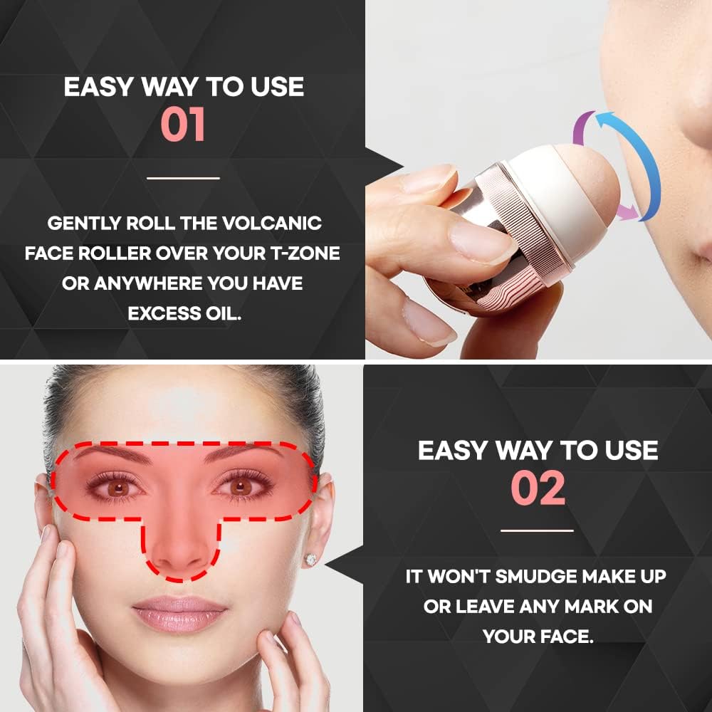 Korean Beauty Oil-Absorbing Volcanic Face Roller, Portable and Reusable Skincare Tool for Oily Skin, Shine Control, Oil Absorber tool for Face (Rose Gold)