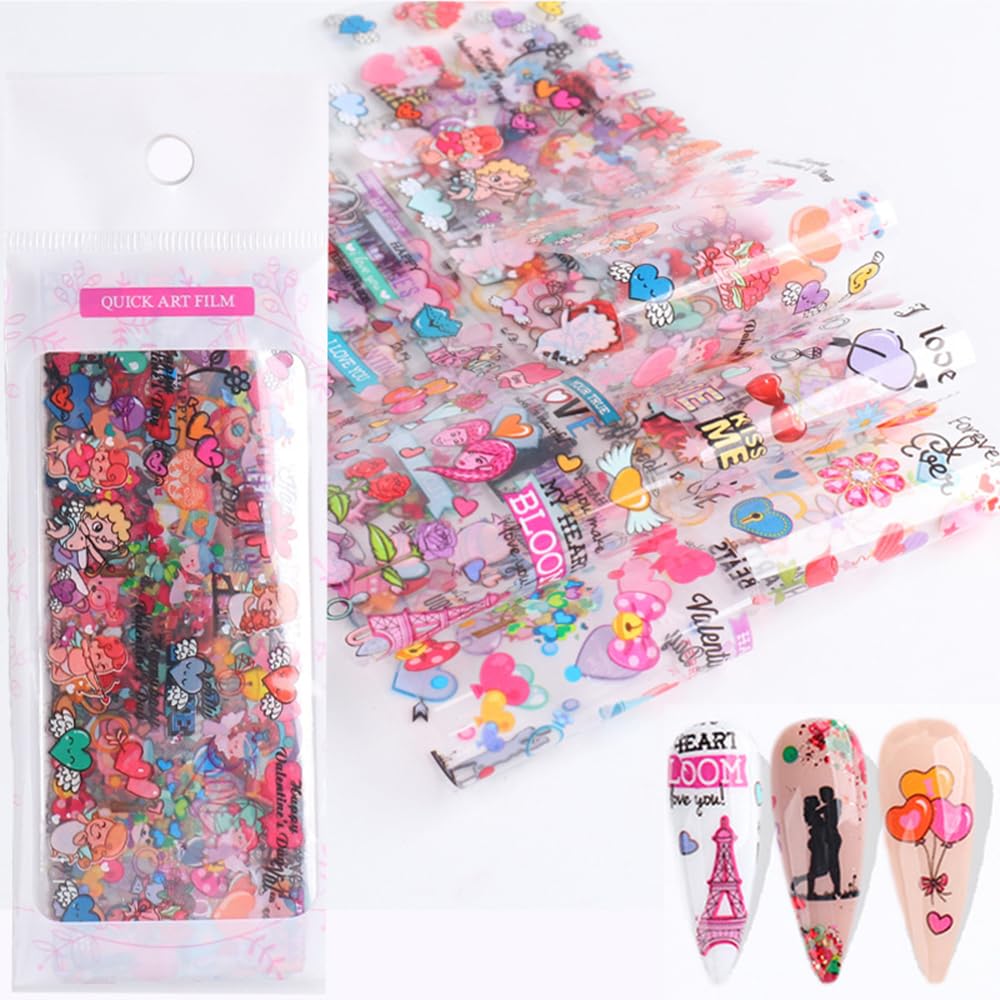 Valentine's Day Love Heart Nail Foil Transfer Stickers Nail Art Supplies Foil Transfers 10pcs Flowers Starry Sky Nail Decals Manicure Tips Wraps Nail Art for Women Fingernails and Toenails DIY Decor