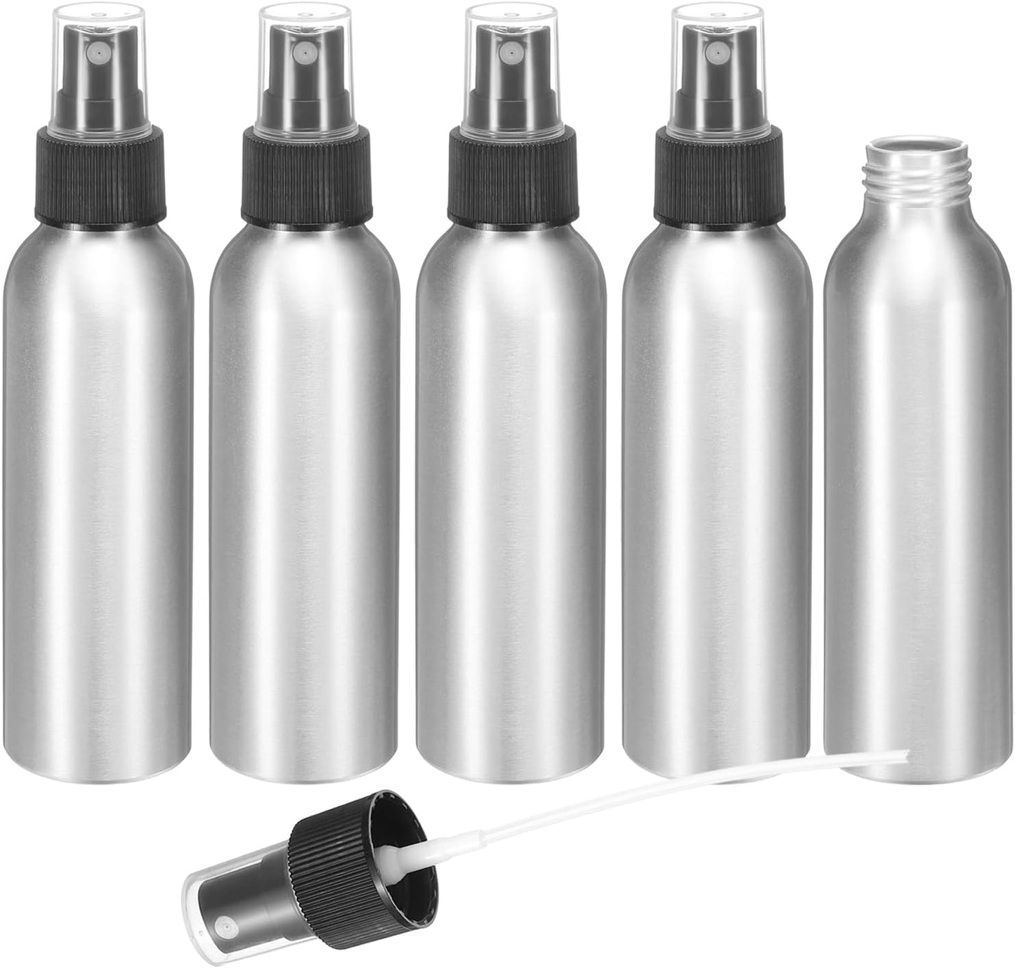 HARFINGTON 5pcs Aluminum Fine Mist Spray Bottles 120ml/4oz Metal Small Liquid Alcohol Refillable Travel Container with Black Plastic Nozzle Cap for Perfume Skincare Cosmetic Storage Bottle